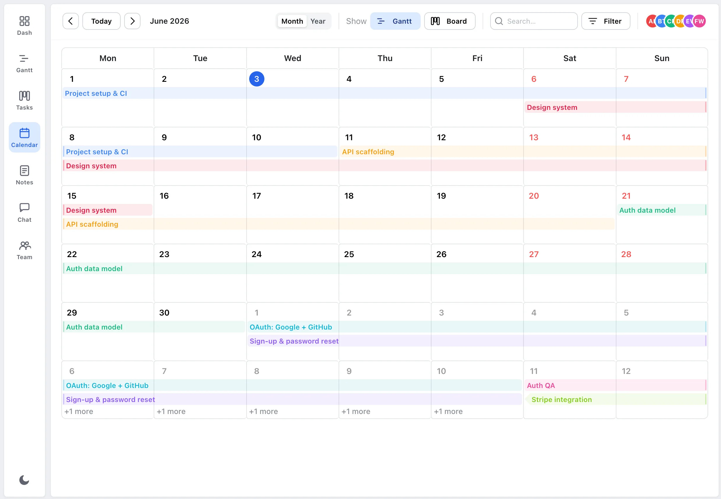 EverGantt's calendar view, tasks laid out as colored bars across a June month grid