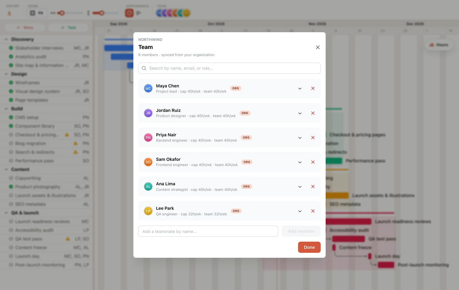 EverGantt Team window listing six teammates with their roles and weekly capacity