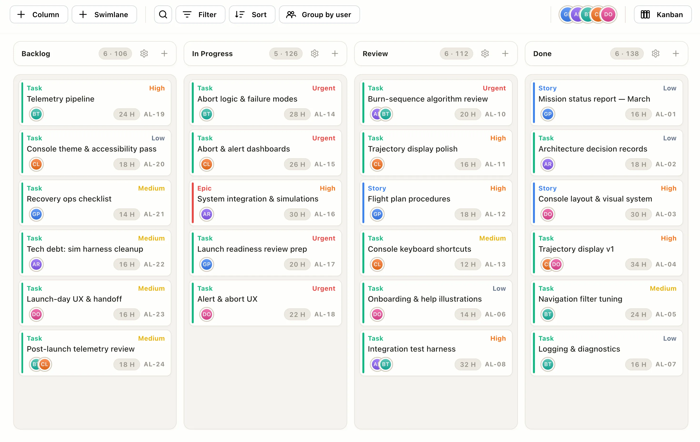 An EverGantt kanban board with cards across Backlog, In Progress, Review, and Done columns