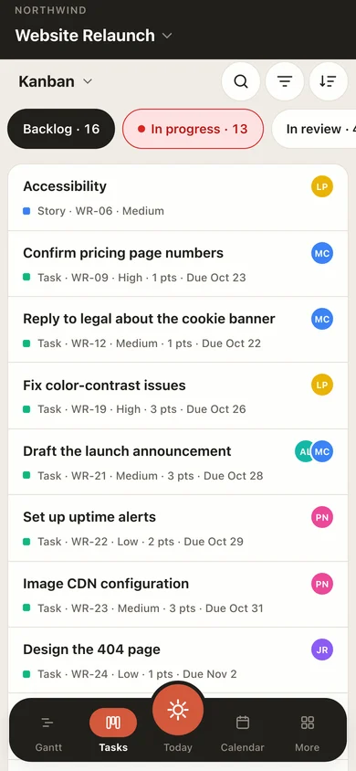 EverGantt on a phone: the Kanban board