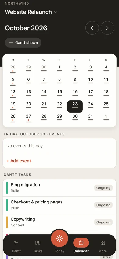 EverGantt on a phone: the calendar with the day list
