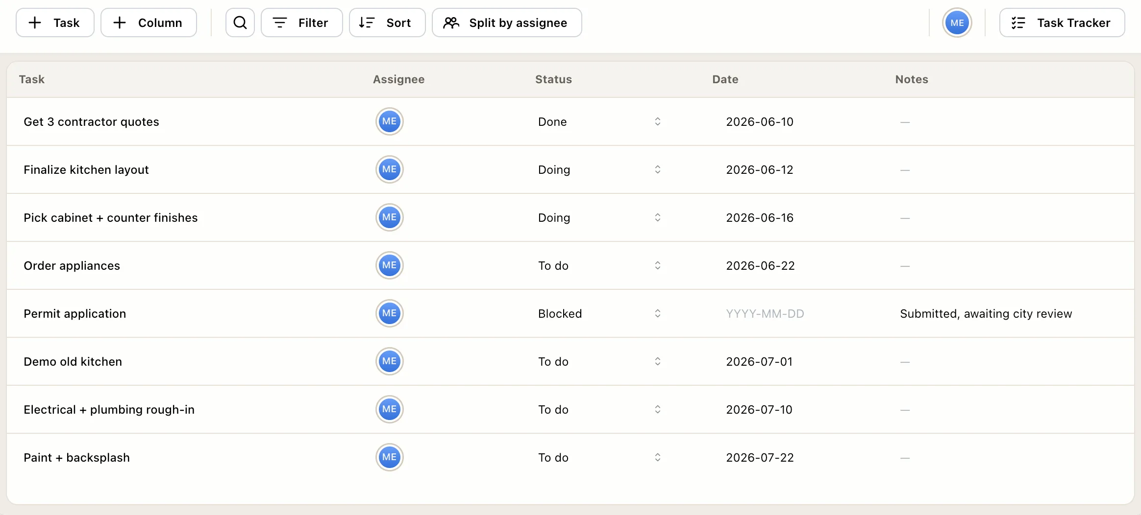 A personal task tracker in EverGantt for a kitchen renovation, a flat table of tasks with status, date, and a note